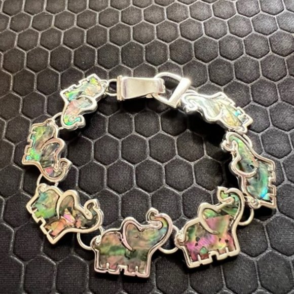 Elephant Bracelet 22 with Green Abalone Stones 18K White Gold Plated - Picture 1 of 2